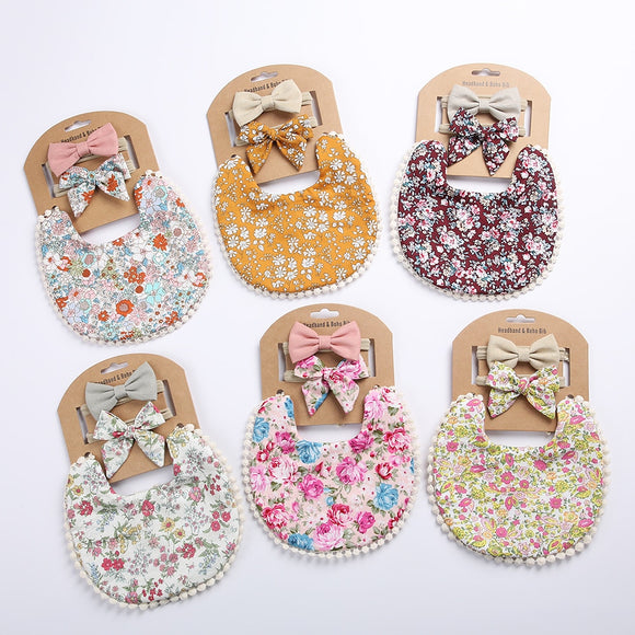 3Pcs Baby Headband Tassel Saliva Towel Floral Print Newborn Double Side Bibs Boys Girls Bandana Burp Cloths Feeding Smock Stuff